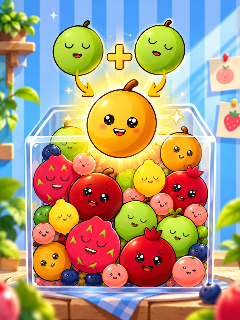 Colorful fruit characters in Melon Merger